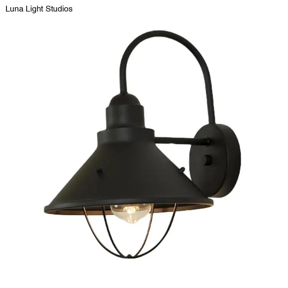 Industrial Black Metal Sconce with Cage and Cone Shade