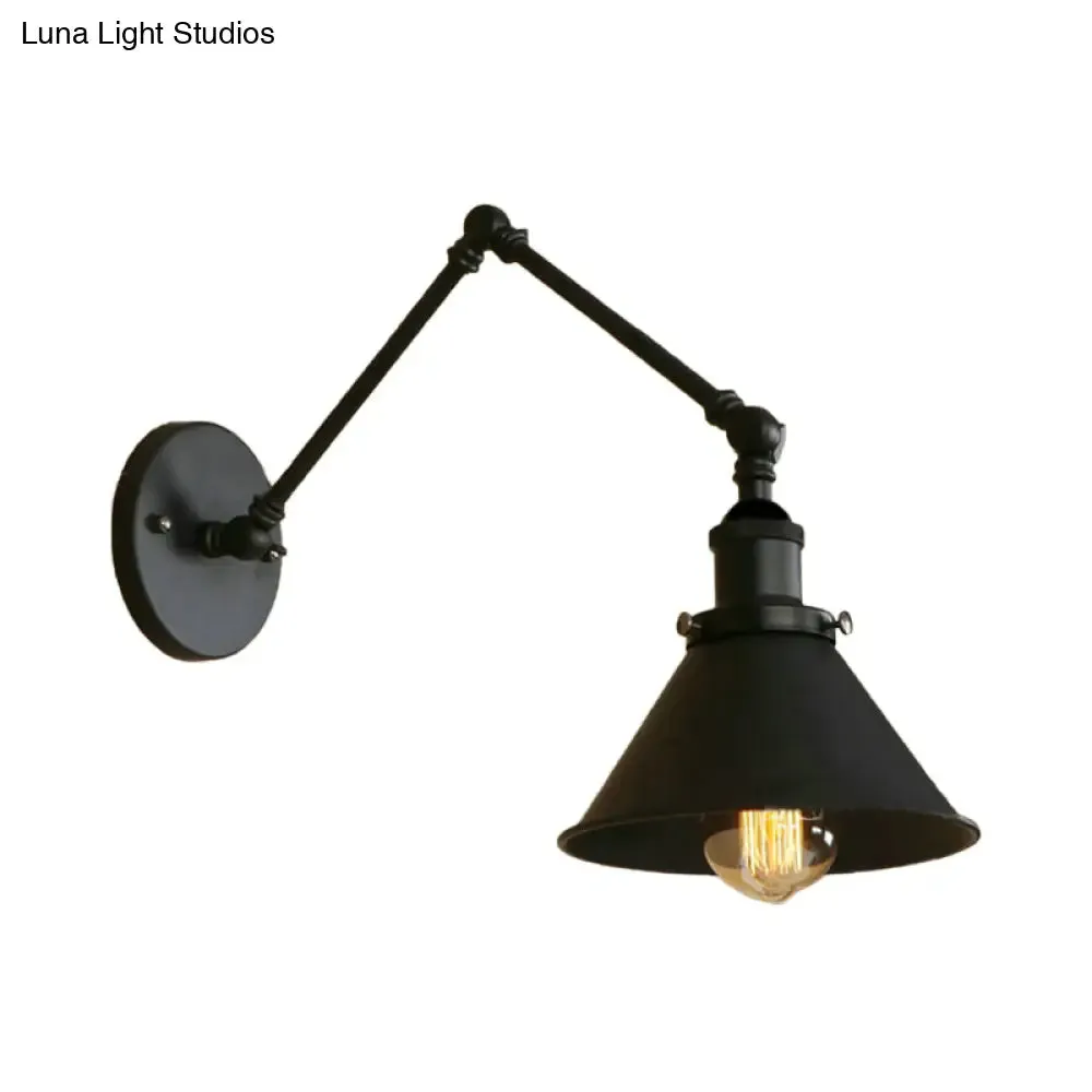 Industrial Metal Swing Arm Wall Sconce with Tapered Shade in Black - Perfect for Study Room