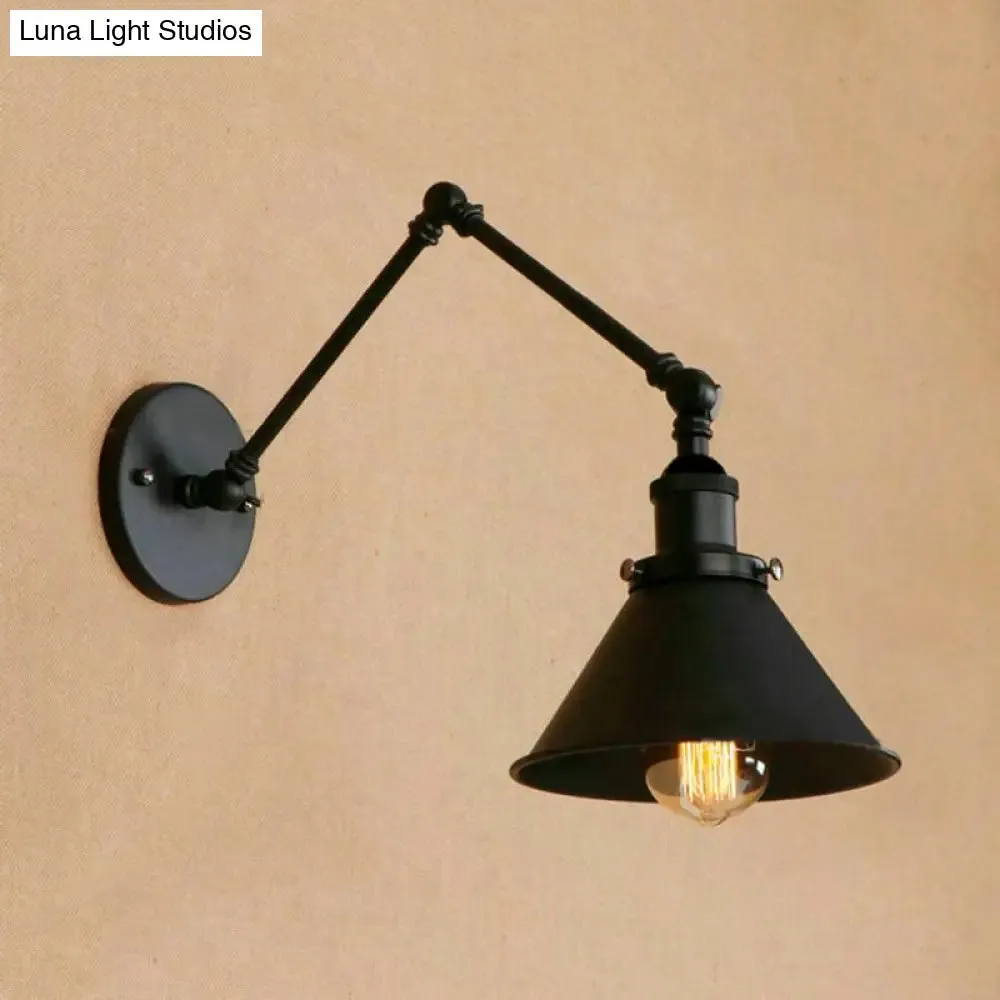 Industrial Metal Swing Arm Wall Sconce with Tapered Shade in Black - Perfect for Study Room