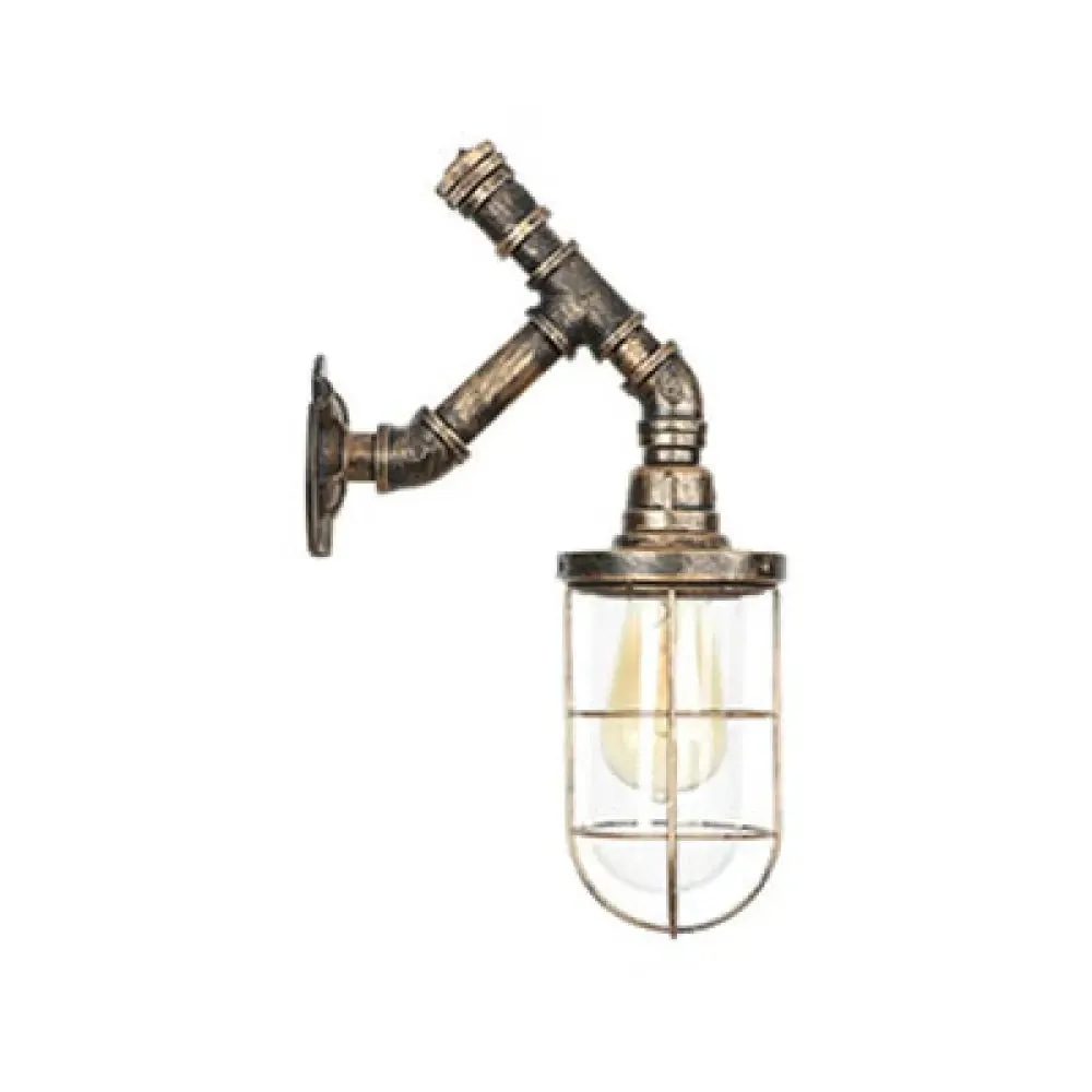 Iron Aged Brass Wall Fixture Light with Wire Cage - Rustic Stylish Wall Mount Lighting