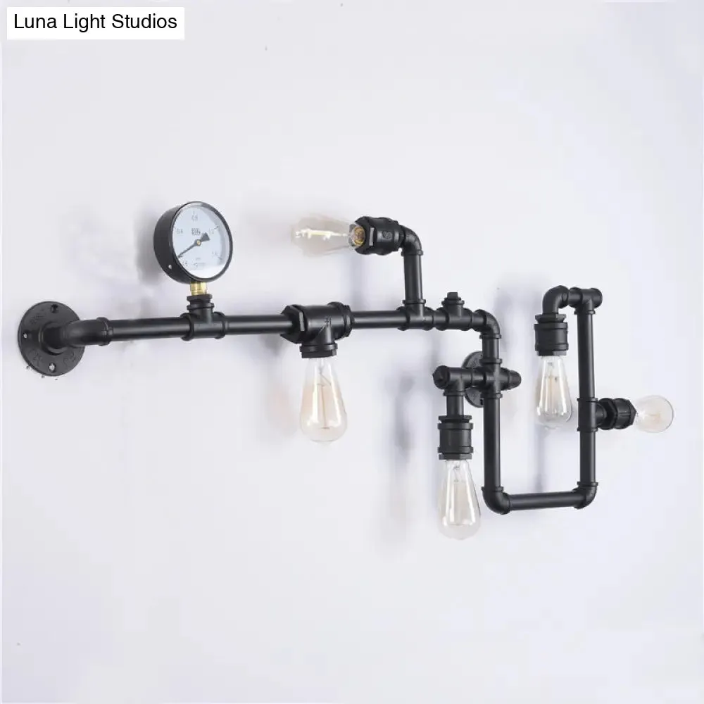 Iron Wall Lighting Industrial Sconce with Decorative Gauge for Restaurants -5 Bulb Water Pipe Design