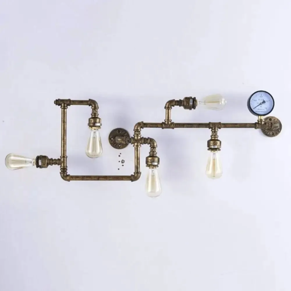 Iron Wall Lighting Industrial Sconce with Decorative Gauge for Restaurants -5 Bulb Water Pipe Design