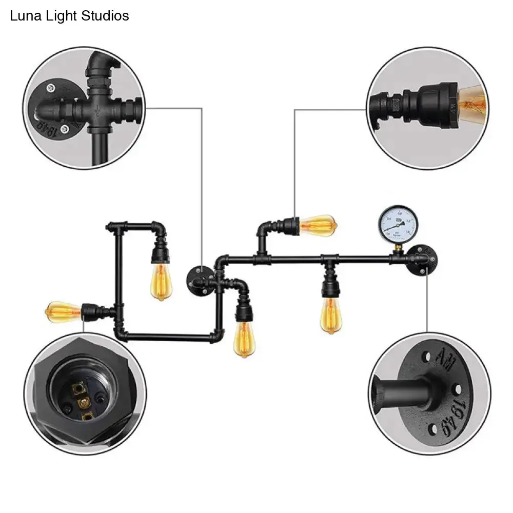 Iron Wall Lighting Industrial Sconce with Decorative Gauge for Restaurants -5 Bulb Water Pipe Design