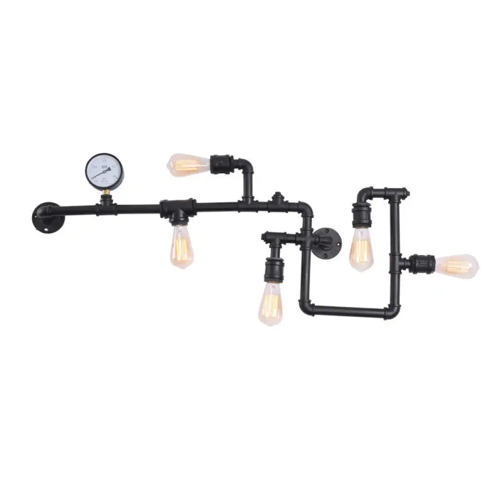 Iron Wall Lighting Industrial Sconce with Decorative Gauge for Restaurants -5 Bulb Water Pipe Design