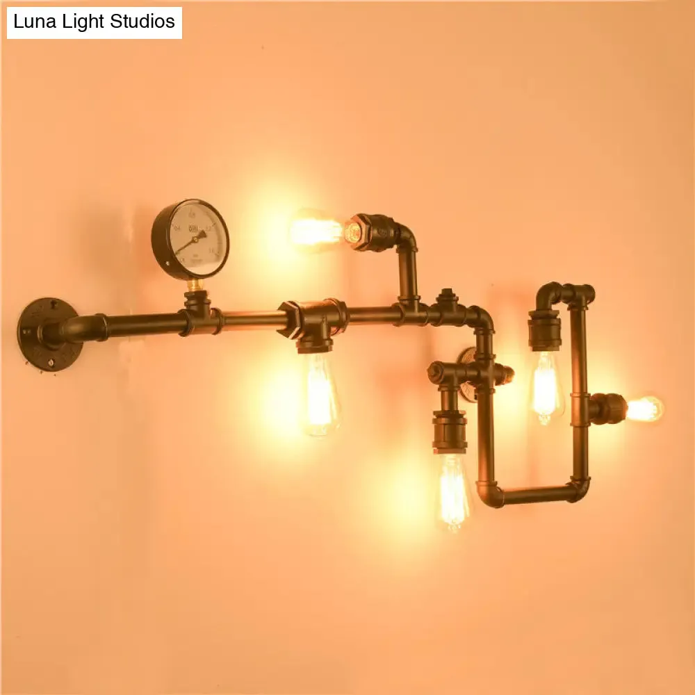 Iron Wall Lighting Industrial Sconce with Decorative Gauge for Restaurants -5 Bulb Water Pipe Design