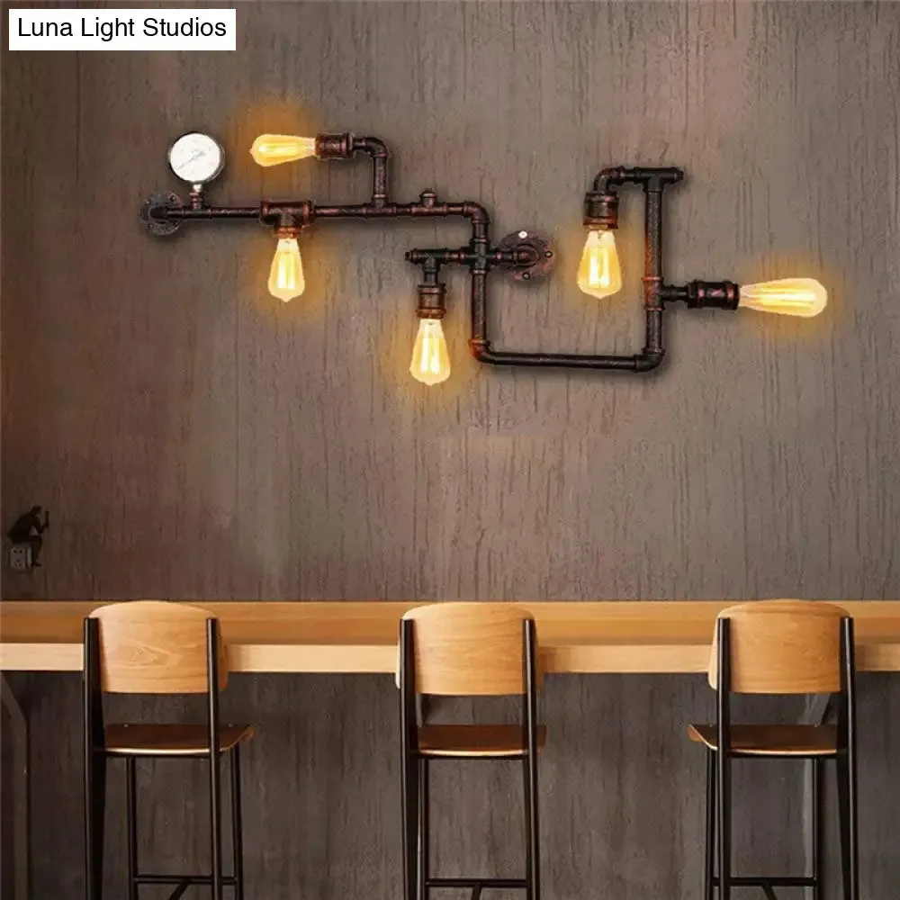 Iron Wall Lighting Industrial Sconce with Decorative Gauge for Restaurants -5 Bulb Water Pipe Design