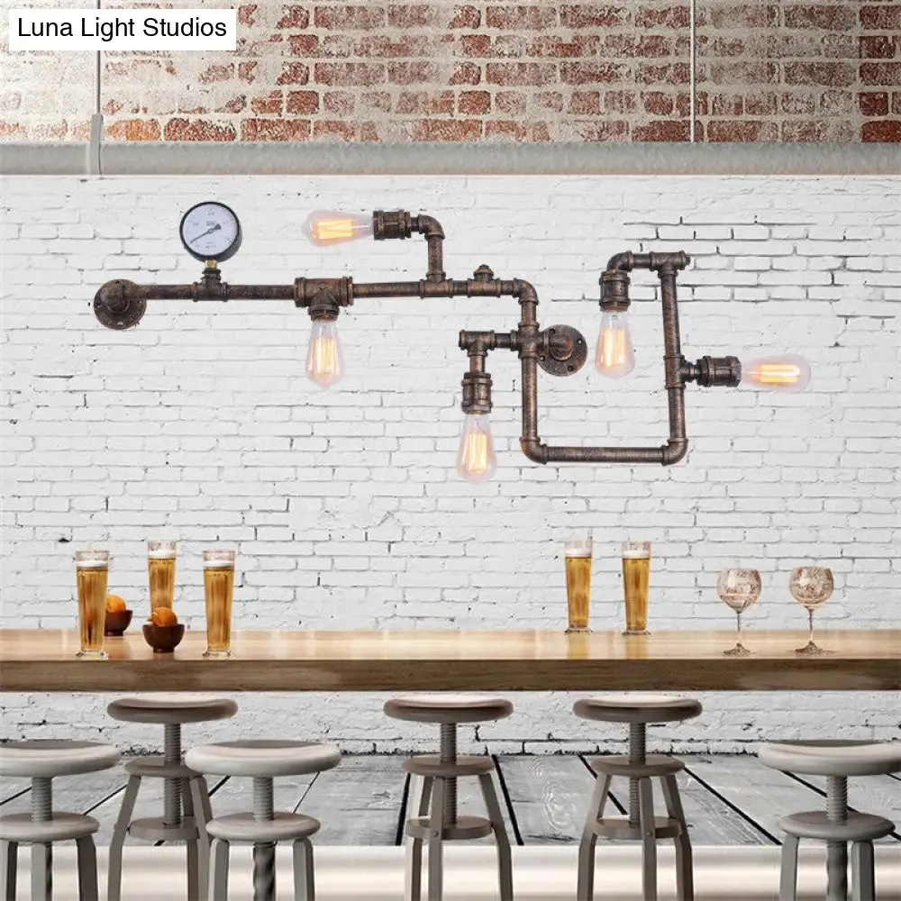 Iron Wall Lighting Industrial Sconce with Decorative Gauge for Restaurants -5 Bulb Water Pipe Design