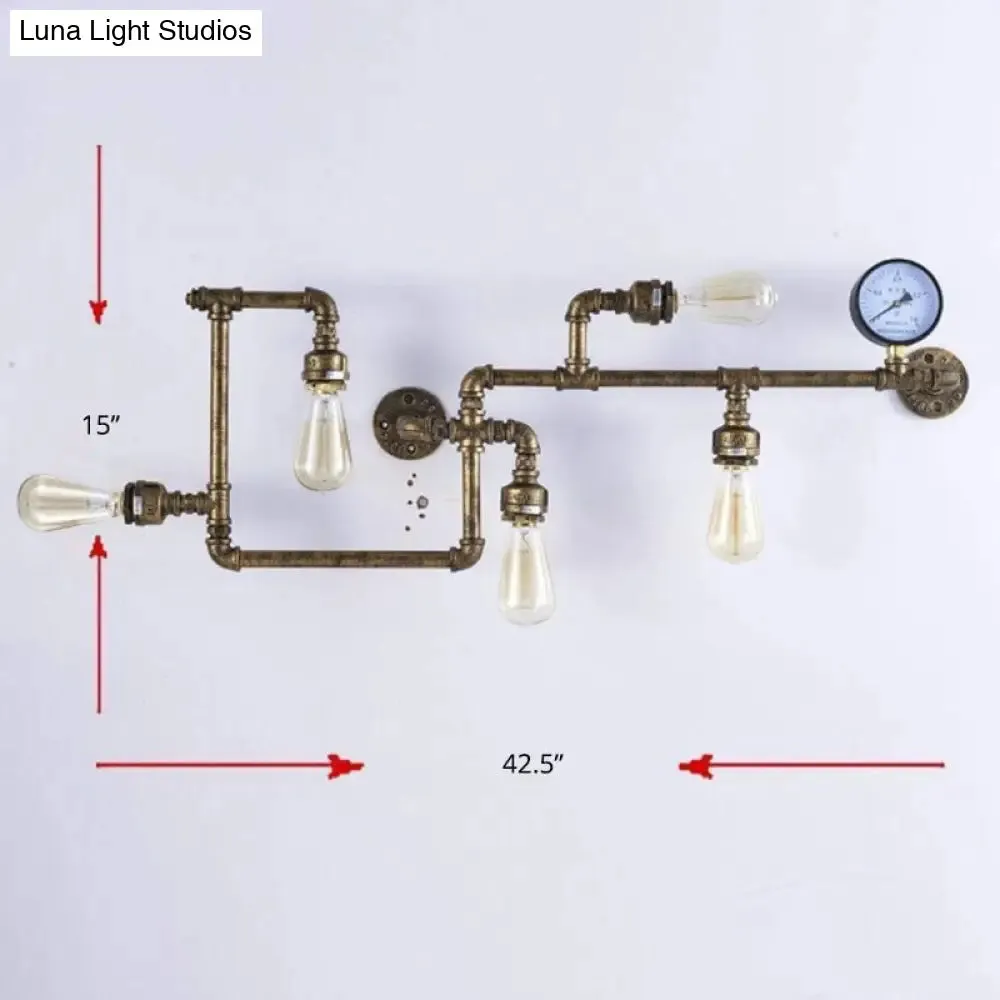 Iron Wall Lighting Industrial Sconce with Decorative Gauge for Restaurants -5 Bulb Water Pipe Design