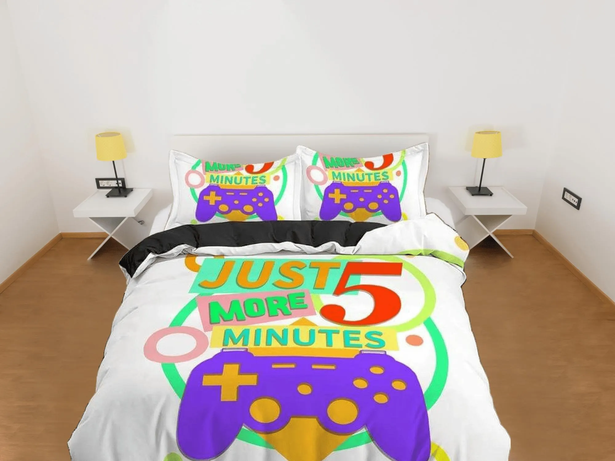 Just 5 more minutes funny gamer bedding duvet cover, video gamer boyfriend gift bedding set full king queen twin, boys bedroom, dorm bedding