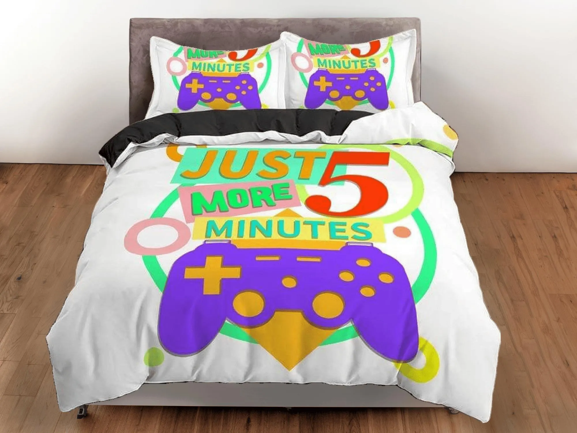 Just 5 more minutes funny gamer bedding duvet cover, video gamer boyfriend gift bedding set full king queen twin, boys bedroom, dorm bedding