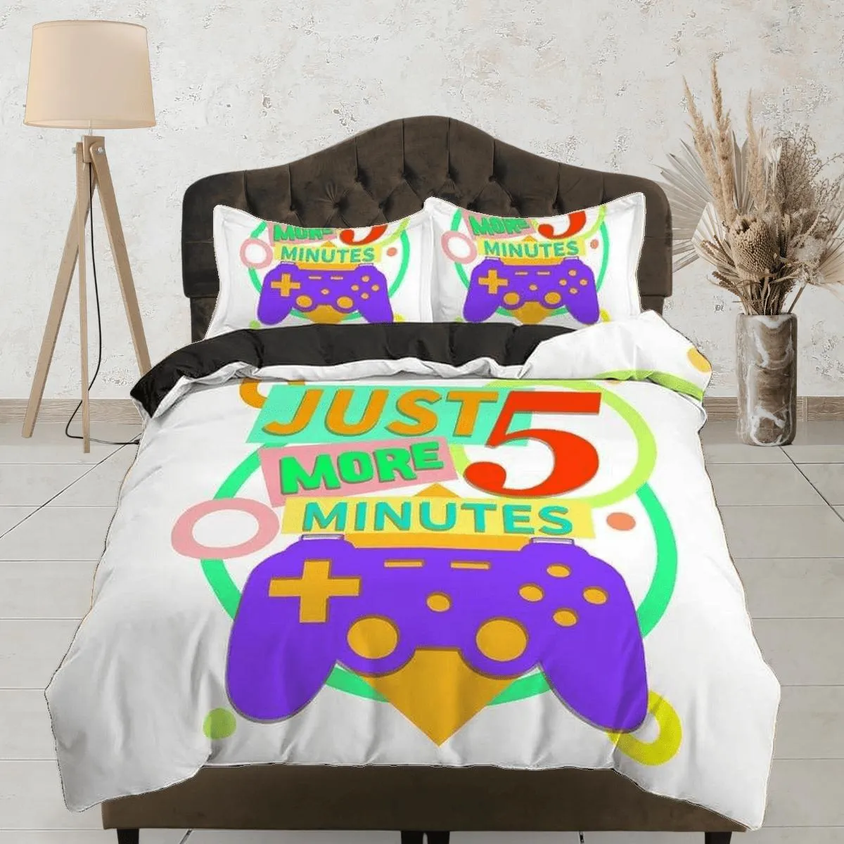 Just 5 more minutes funny gamer bedding duvet cover, video gamer boyfriend gift bedding set full king queen twin, boys bedroom, dorm bedding