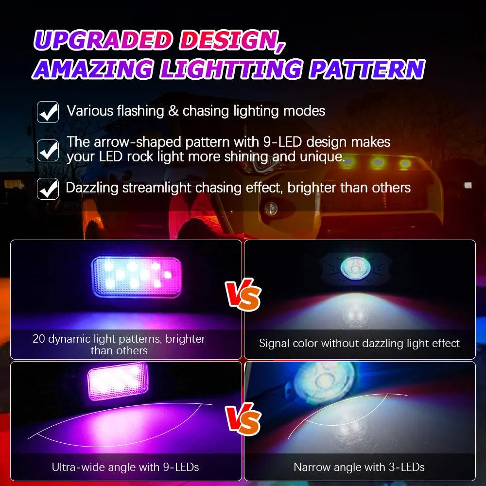 Magic Dream Color RGB LED Rock Lights Kit with Bluetooth APP Control, Multicolor Chasing Neon Underglow Lights