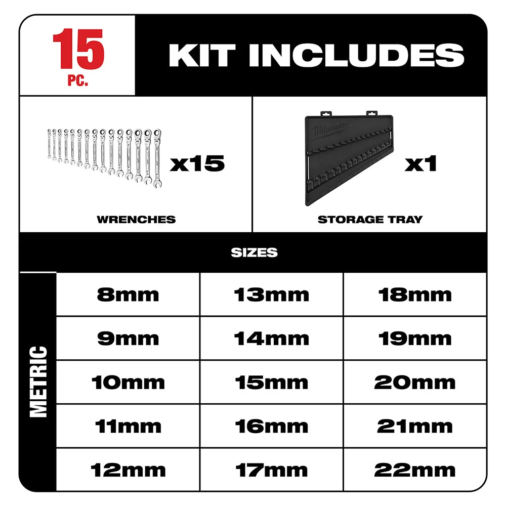 Milwaukee 48-22-9513 Flex Head Ratcheting Metric Combination Wrench Set - 15 PC