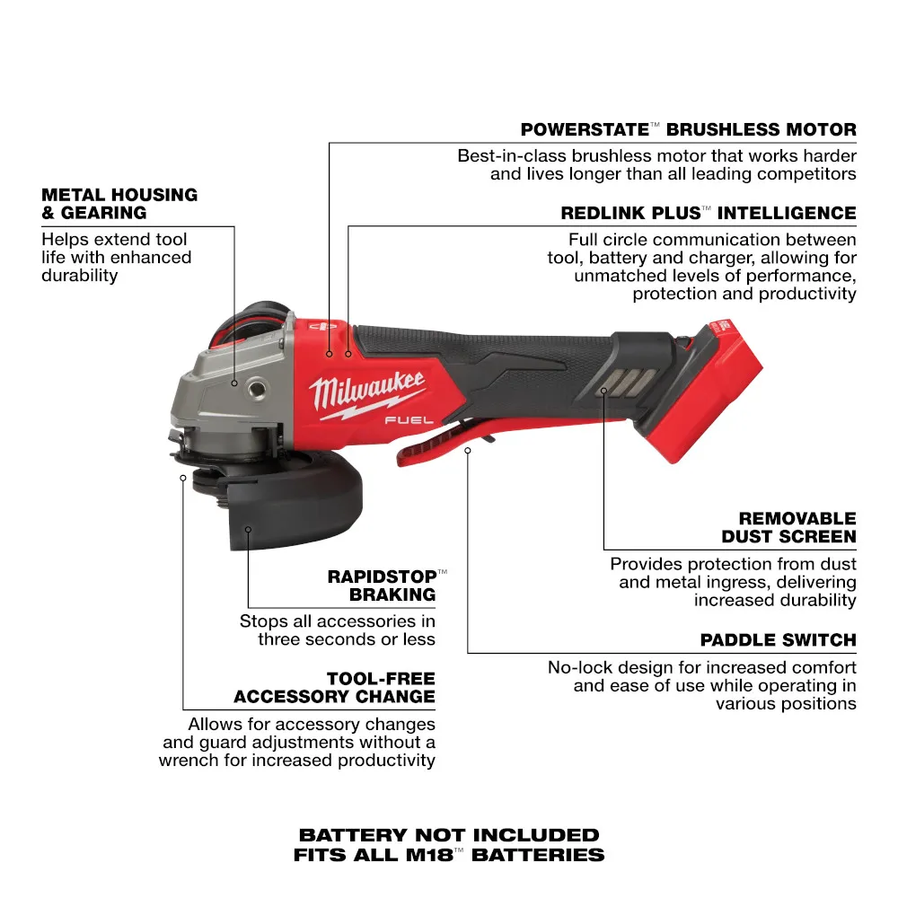 Milwaukee M18 Fuel 4-1/2" - 5" Variable Speed Braking Grinder, Paddle Switch No-Lock