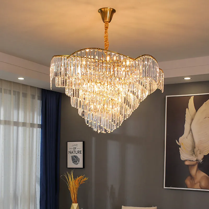 Modernist LED Crystal Block Brass Chandelier: 5-Head Spiral Ceiling Suspension Lamp