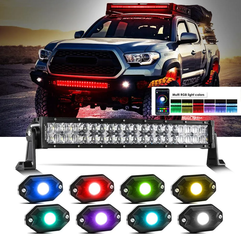 New 22 Inch V-PRO Series Straight RGBW Color Changing Off Road Led Light Bar & RGB LED Rock Light Set Combo