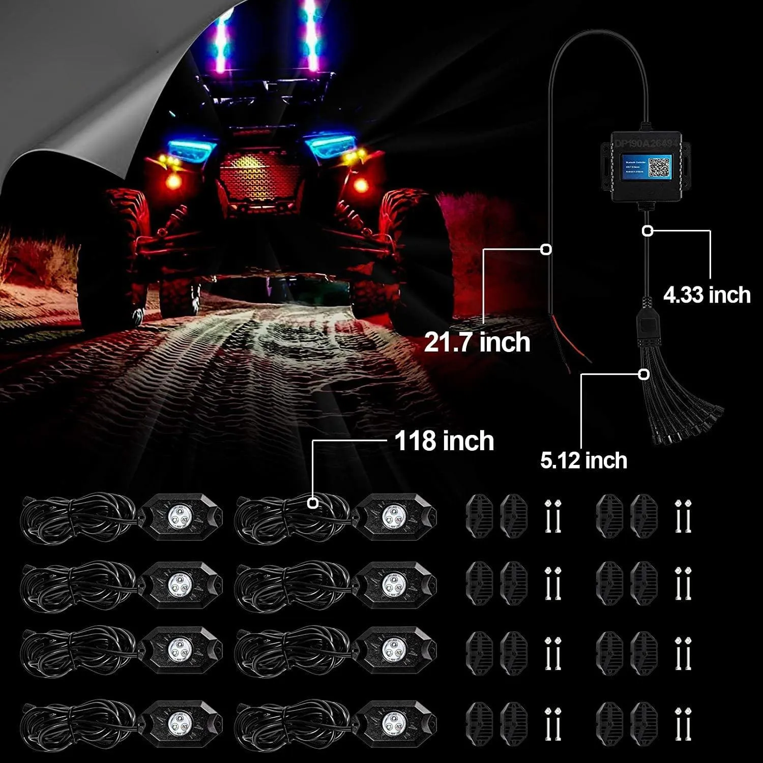 New 22 Inch V-PRO Series Straight RGBW Color Changing Off Road Led Light Bar & RGB LED Rock Light Set Combo