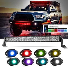 New 32 Inch V-PRO Series Straight RGBW Color Changing Off Road Led Light Bar & RGB LED Rock Light Set Combo