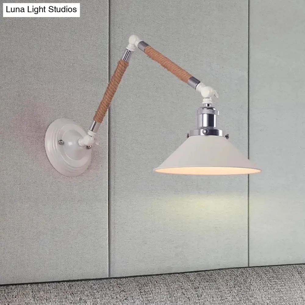 Nordic Metal Wall Sconce - White Conical Task Light with Swivelable Roped Arm