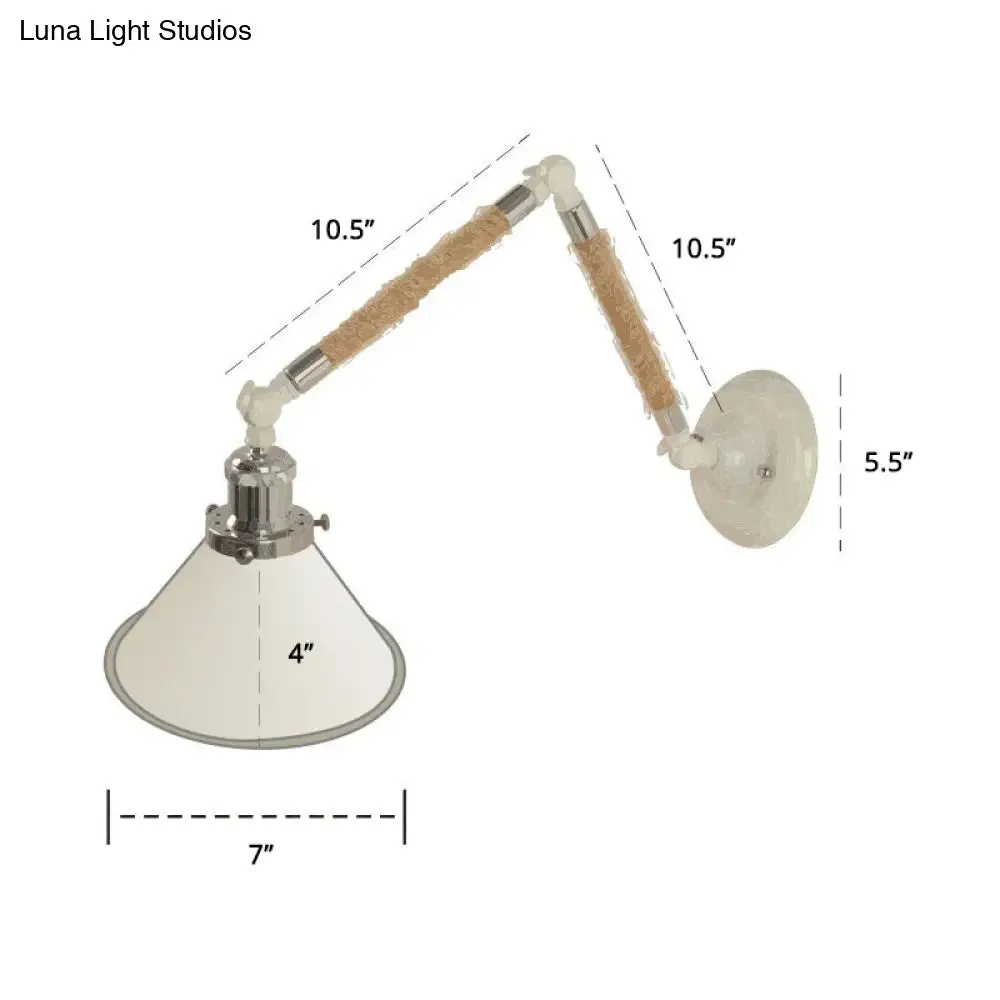 Nordic Metal Wall Sconce - White Conical Task Light with Swivelable Roped Arm