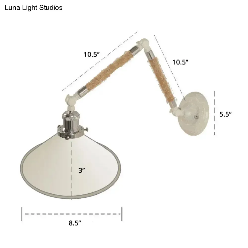 Nordic Metal Wall Sconce - White Conical Task Light with Swivelable Roped Arm