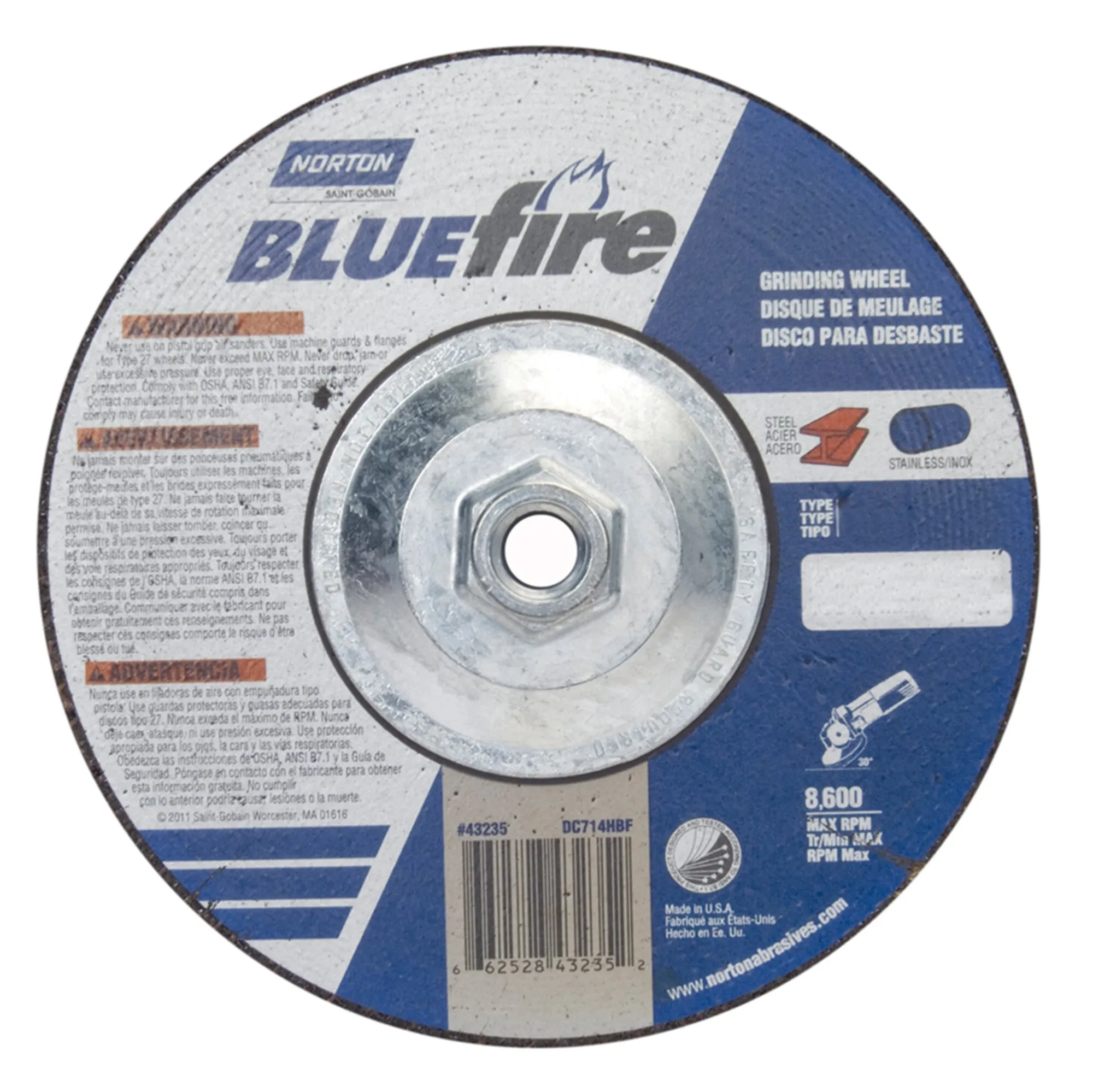 Norton 7 x 1/4 x 5/8 - 11 In. BlueFire Grinding Wheel 24 S T27 10 Count