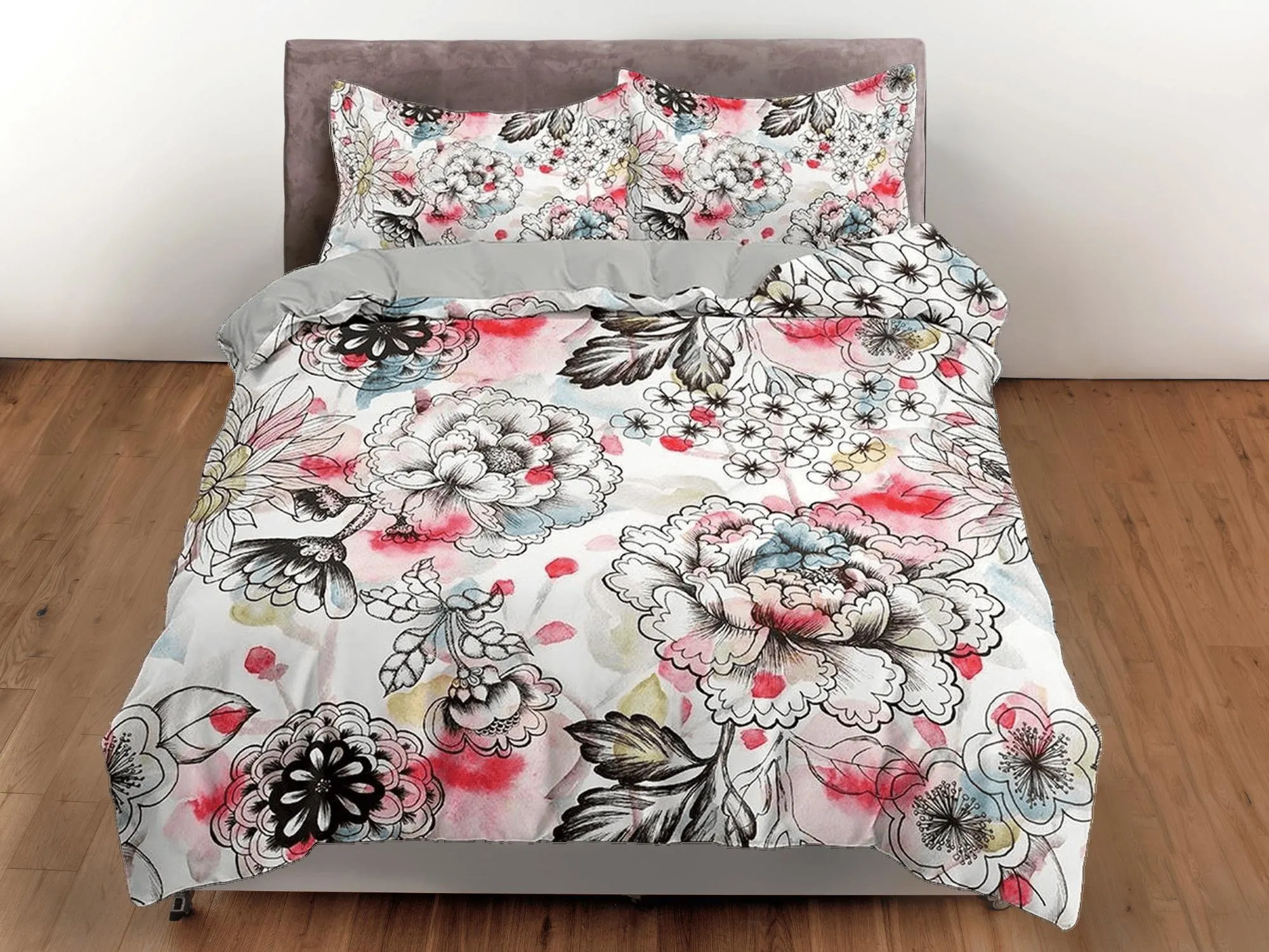 Red tinted floral bedding, luxury duvet cover queen, king, boho duvet, designer bedding, aesthetic bedding, maximalist full size bedding