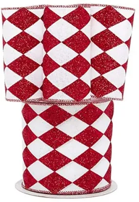 Red White Diamonds Harlequin Ribbon - 4" x 10 Yards