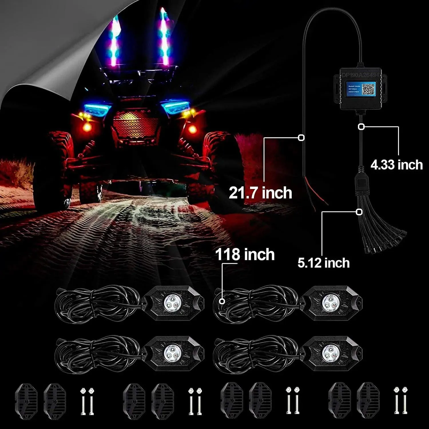 RGB LED Rock Light Set With Bluetooth Controller