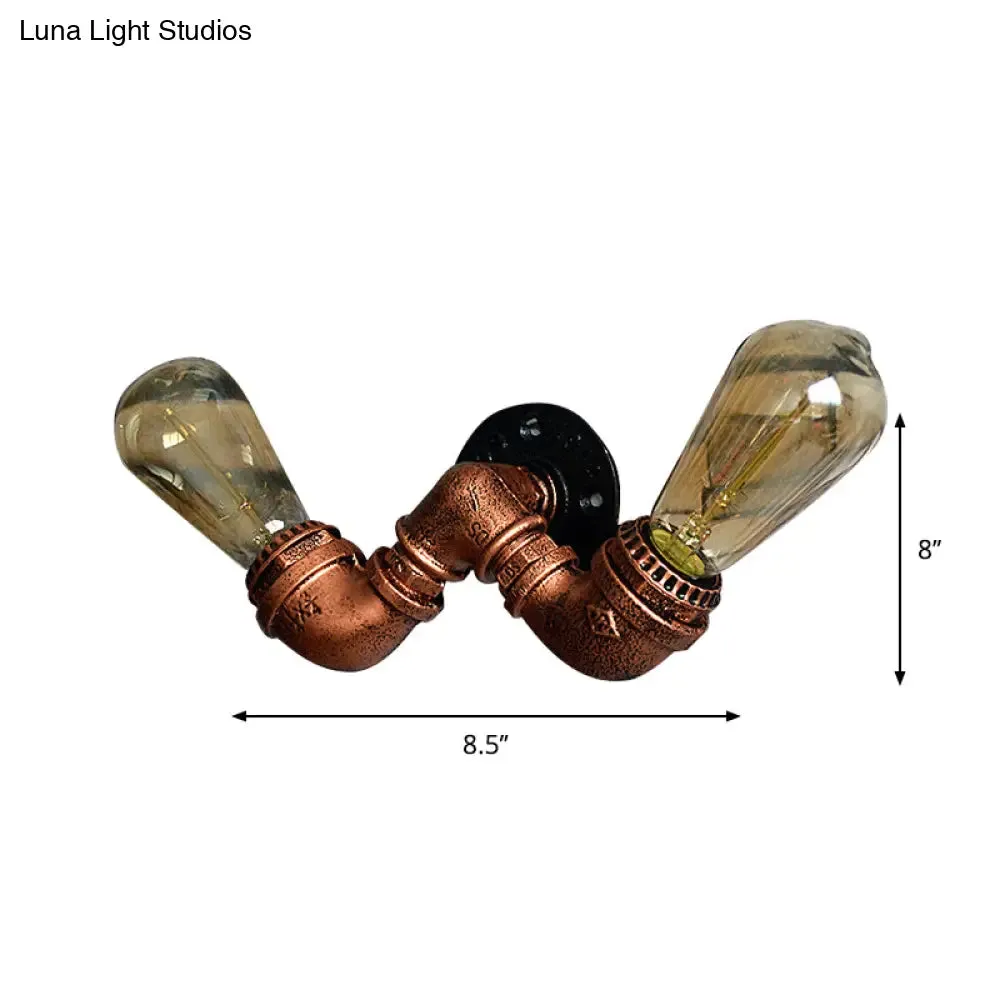 Rustic Copper Finish Wall Sconce with Water Pipe Design - 2 Bulbs, Stylish Metal Mount Light for Living Room