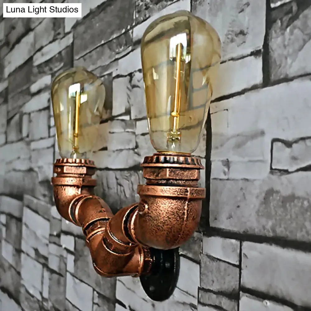 Rustic Copper Finish Wall Sconce with Water Pipe Design - 2 Bulbs, Stylish Metal Mount Light for Living Room