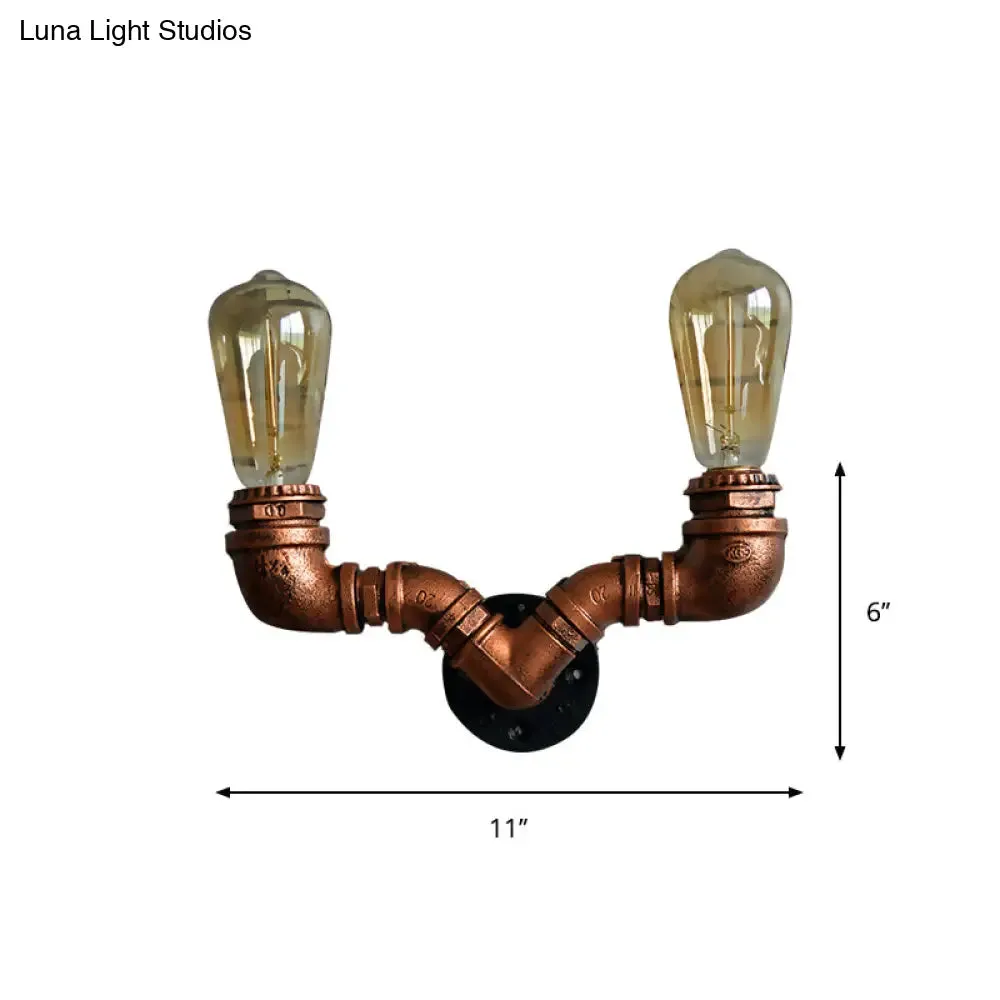 Rustic Copper Finish Wall Sconce with Water Pipe Design - 2 Bulbs, Stylish Metal Mount Light for Living Room