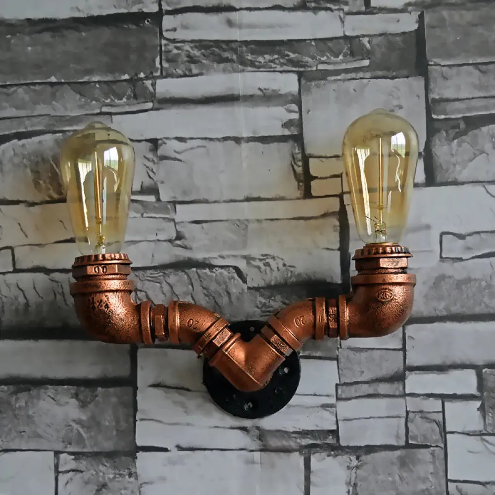 Rustic Copper Finish Wall Sconce with Water Pipe Design - 2 Bulbs, Stylish Metal Mount Light for Living Room