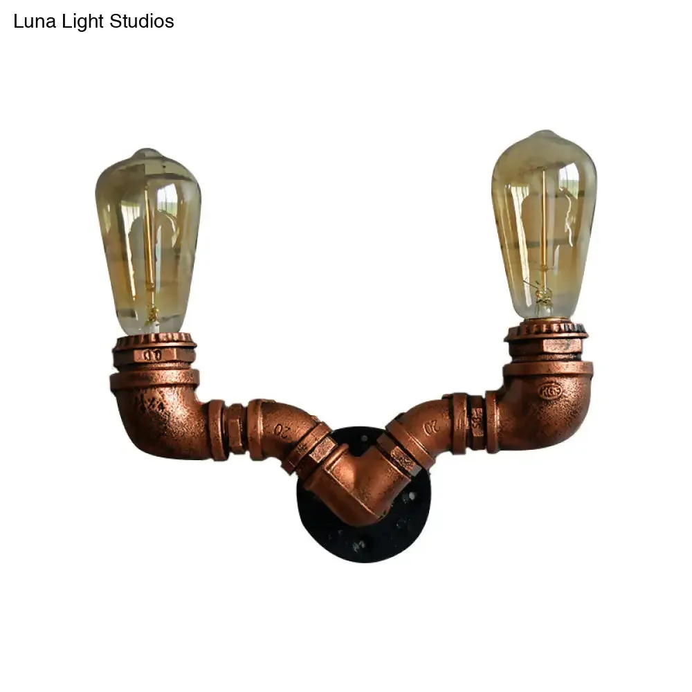 Rustic Copper Finish Wall Sconce with Water Pipe Design - 2 Bulbs, Stylish Metal Mount Light for Living Room