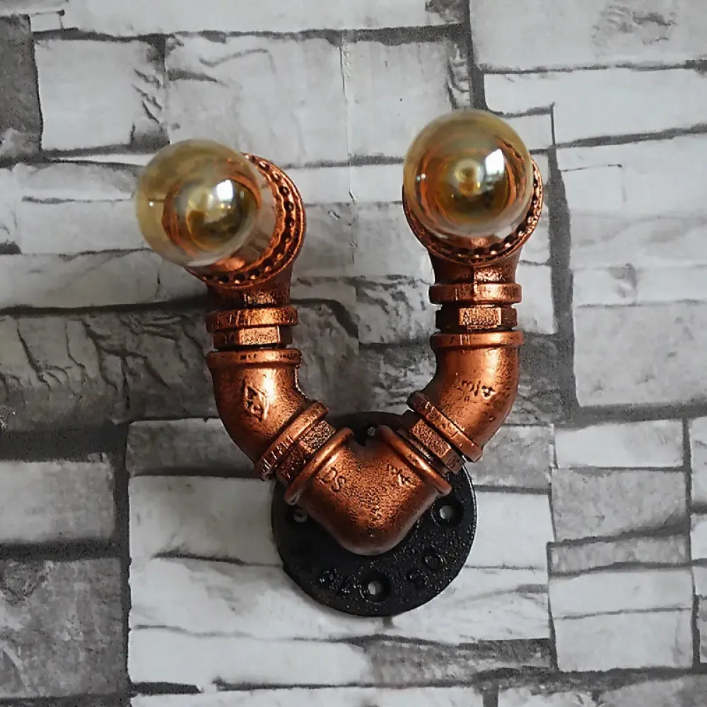 Rustic Copper Finish Wall Sconce with Water Pipe Design - 2 Bulbs, Stylish Metal Mount Light for Living Room