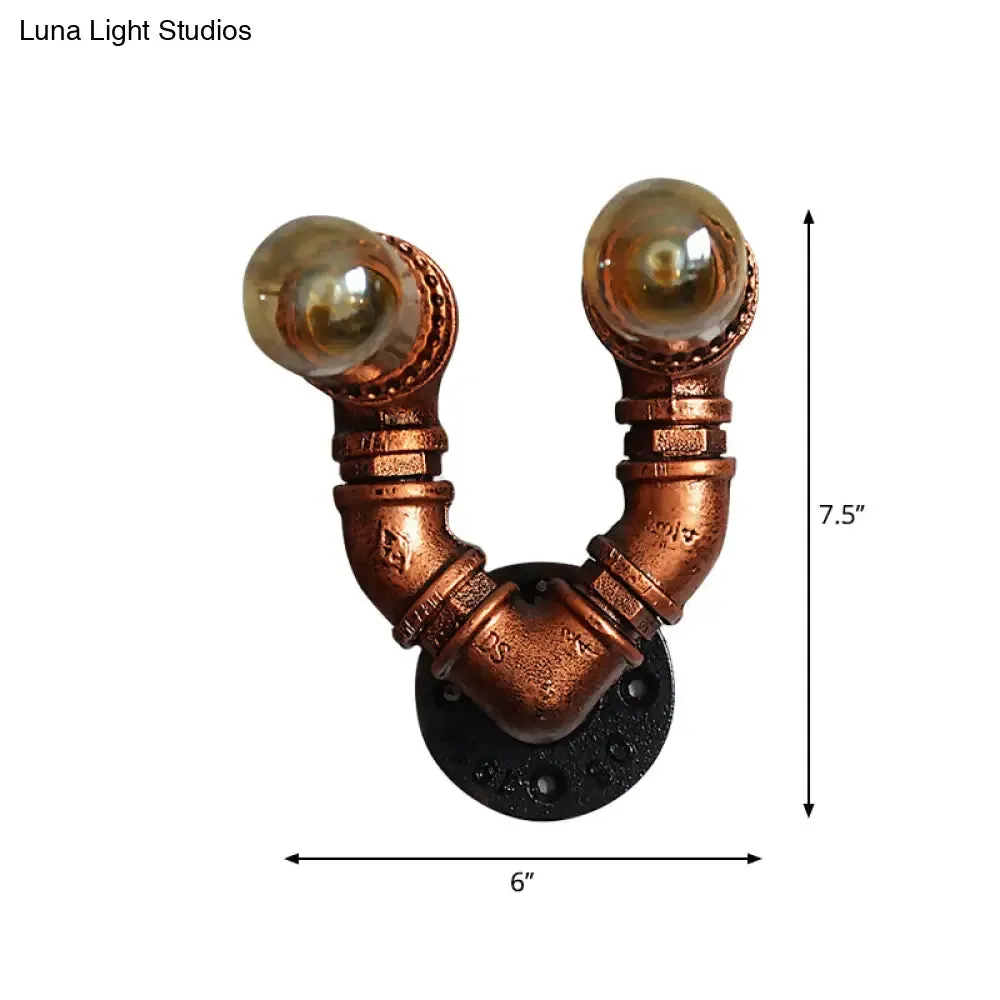 Rustic Copper Finish Wall Sconce with Water Pipe Design - 2 Bulbs, Stylish Metal Mount Light for Living Room