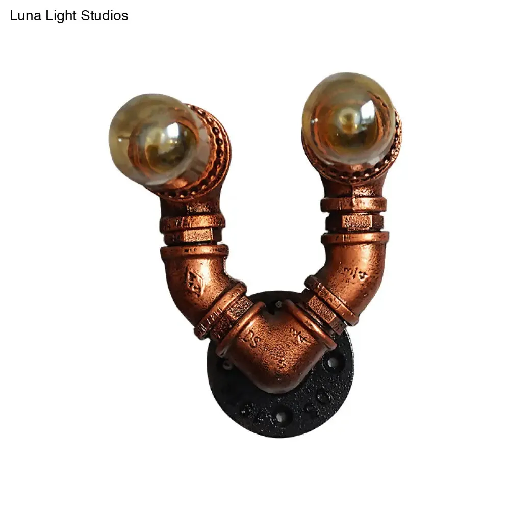 Rustic Copper Finish Wall Sconce with Water Pipe Design - 2 Bulbs, Stylish Metal Mount Light for Living Room