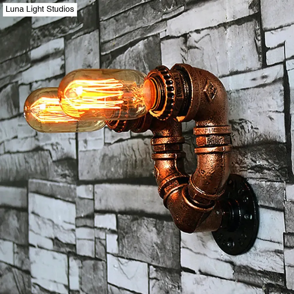 Rustic Copper Finish Wall Sconce with Water Pipe Design - 2 Bulbs, Stylish Metal Mount Light for Living Room