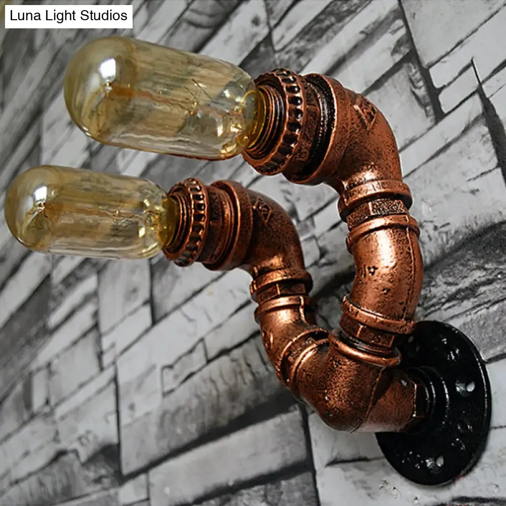 Rustic Copper Finish Wall Sconce with Water Pipe Design - 2 Bulbs, Stylish Metal Mount Light for Living Room