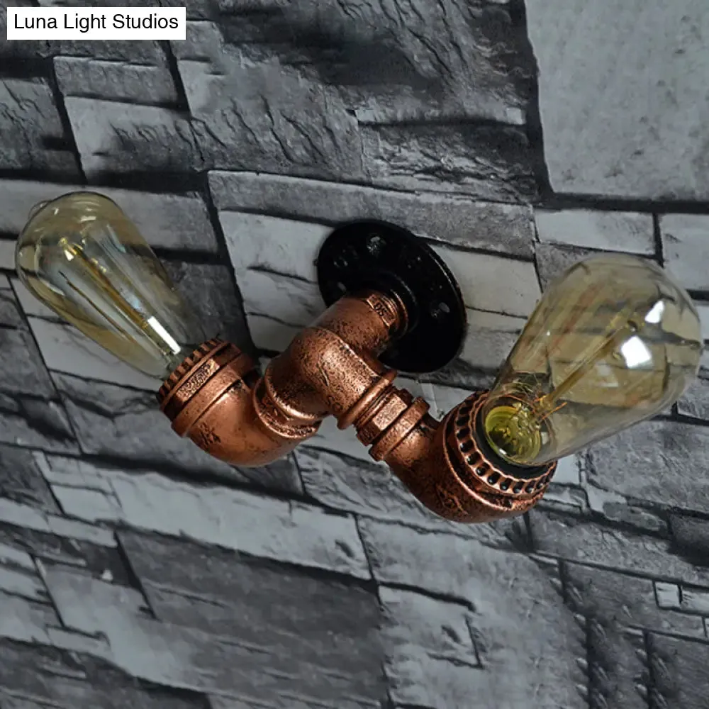 Rustic Copper Finish Wall Sconce with Water Pipe Design - 2 Bulbs, Stylish Metal Mount Light for Living Room