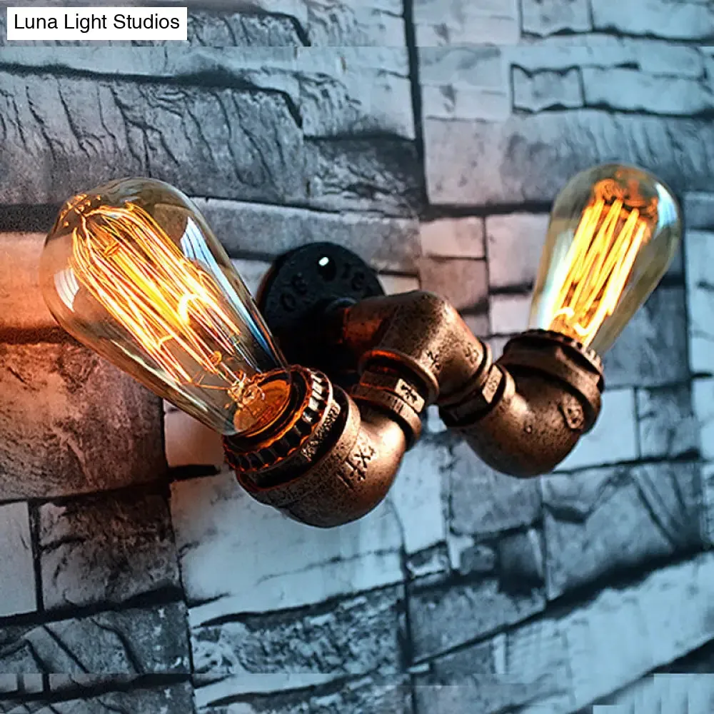 Rustic Copper Finish Wall Sconce with Water Pipe Design - 2 Bulbs, Stylish Metal Mount Light for Living Room