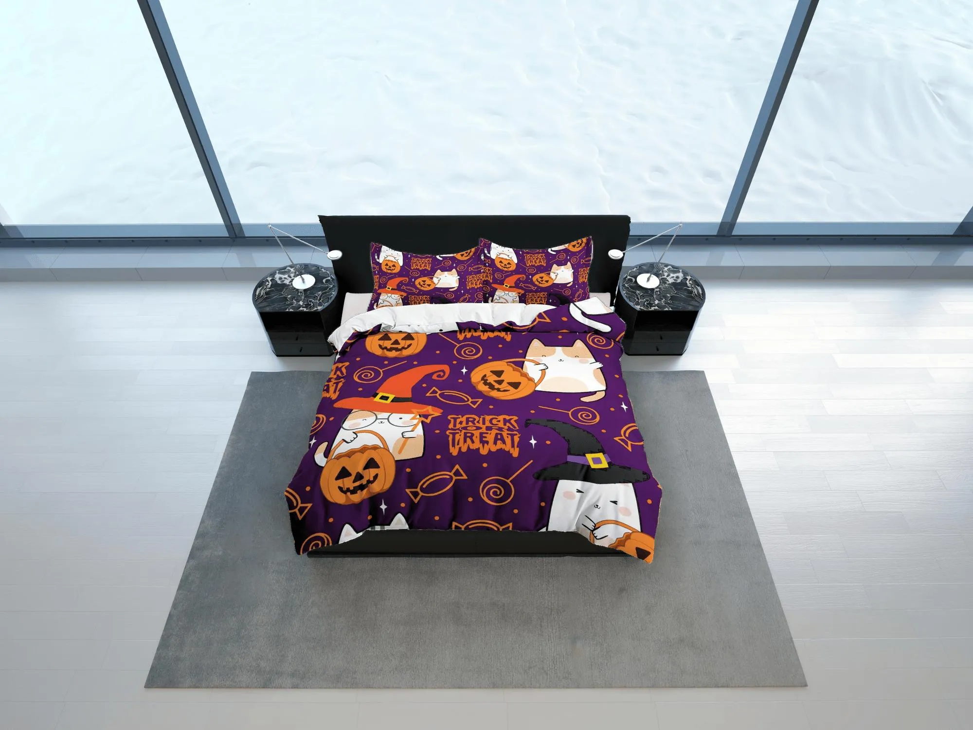 Trick or Treat purple halloween bedding & pillowcase, gothic duvet cover, dorm bedding, goth decor toddler bedding, halloween gift