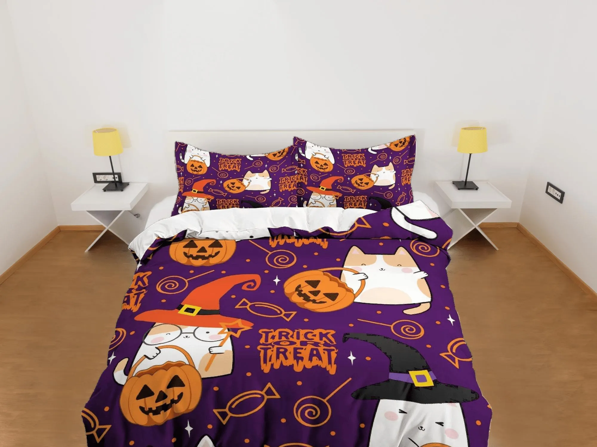 Trick or Treat purple halloween bedding & pillowcase, gothic duvet cover, dorm bedding, goth decor toddler bedding, halloween gift