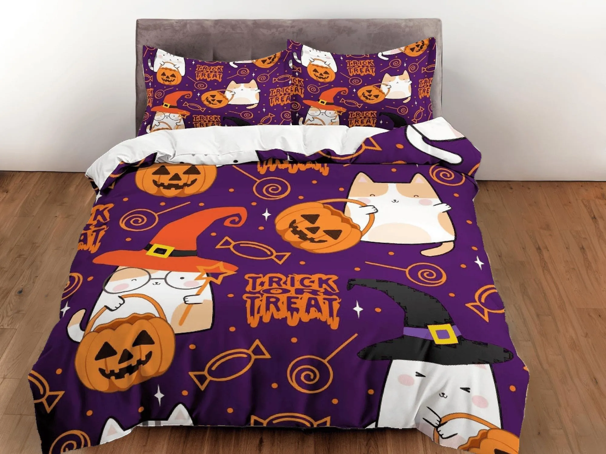 Trick or Treat purple halloween bedding & pillowcase, gothic duvet cover, dorm bedding, goth decor toddler bedding, halloween gift