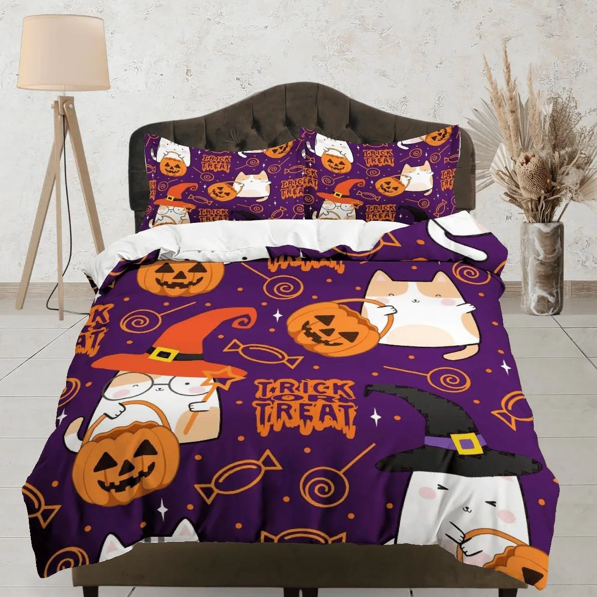 Trick or Treat purple halloween bedding & pillowcase, gothic duvet cover, dorm bedding, goth decor toddler bedding, halloween gift