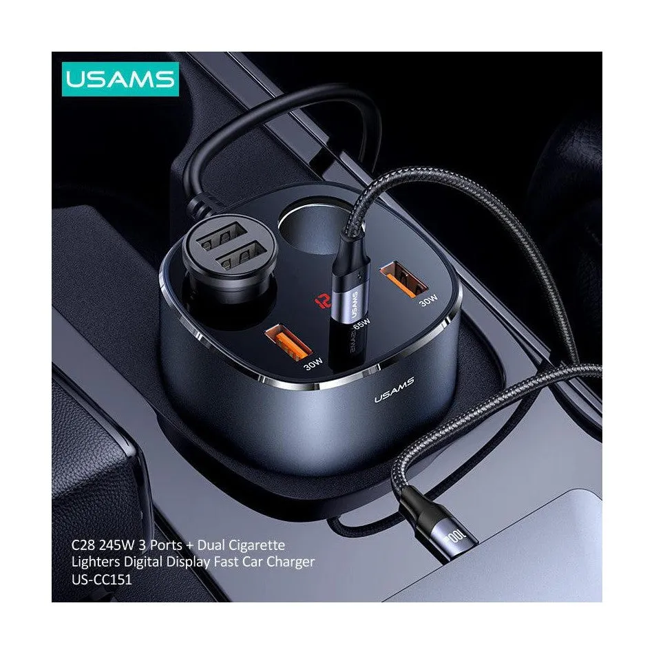 USAMS Digital Display 245W 3 Ports   Dual Cigarette Lighters Fast Car Charger