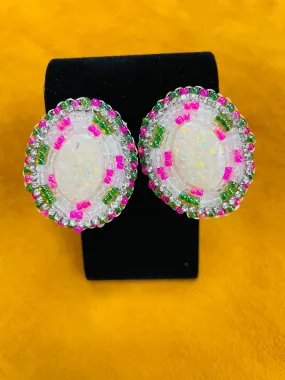 White, Green, Pink Iridescent Glitter Cabochon Earrings