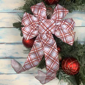 White Red Plaid Christmas Bow - 10" Wide, 18" Long