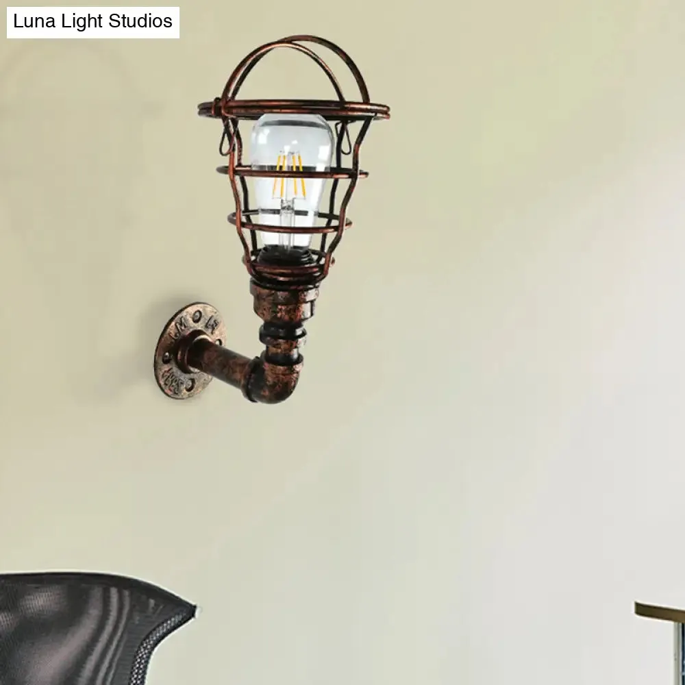 Wire Cage Sconce with Industrial Pipe & Rust Finish