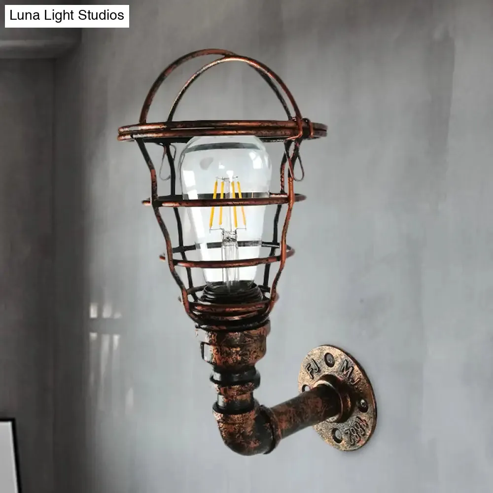 Wire Cage Sconce with Industrial Pipe & Rust Finish